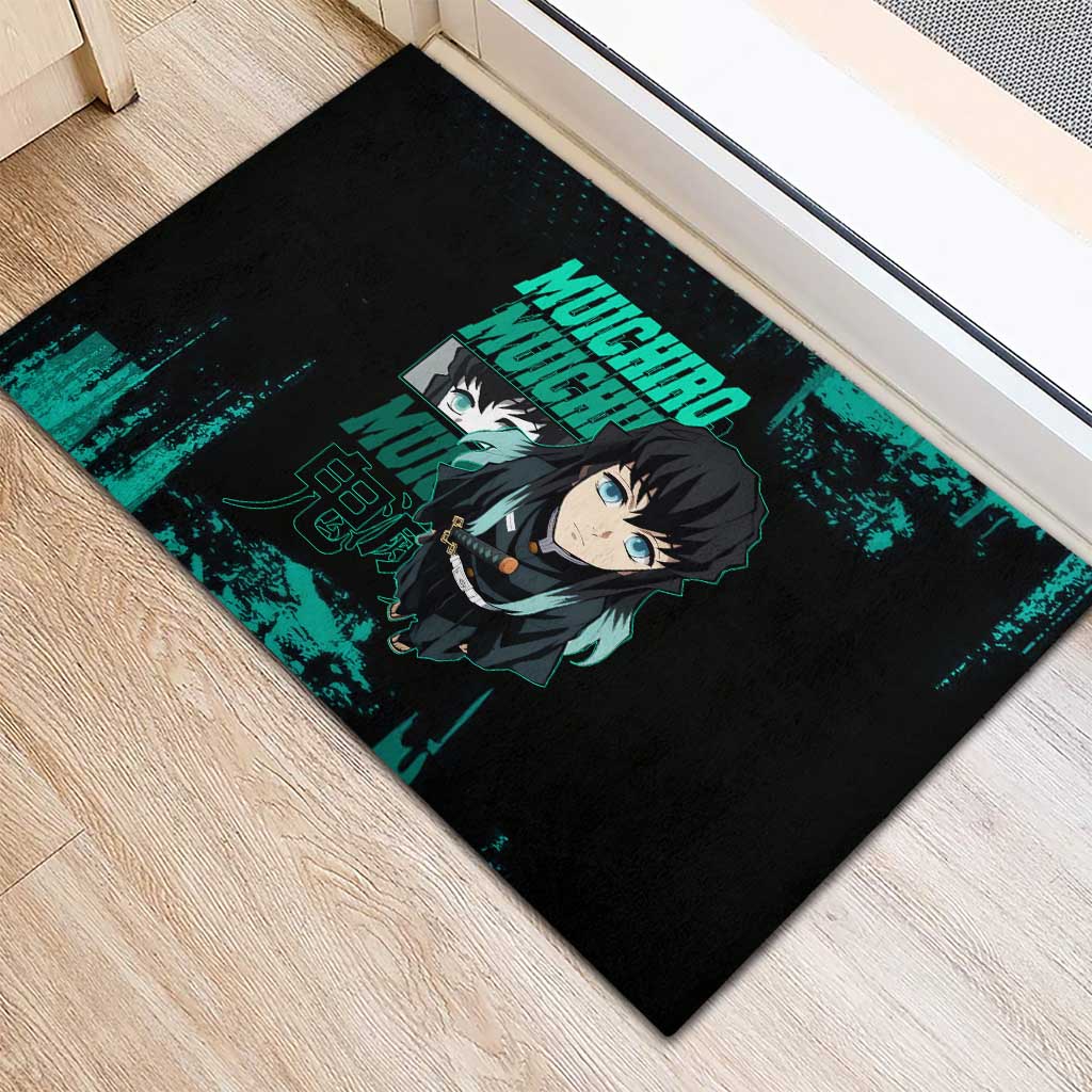 Muichiro Tokito Demon Slayer Green and Black Grunge Style Rubber Doormat with Mist Hashira Eyes and Bold Typography - The Mazicc
