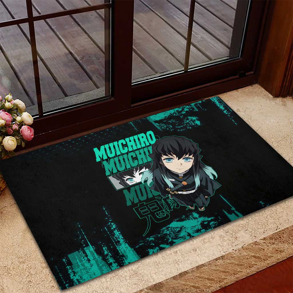 Muichiro Tokito Demon Slayer Green and Black Grunge Style Rubber Doormat with Mist Hashira Eyes and Bold Typography - The Mazicc
