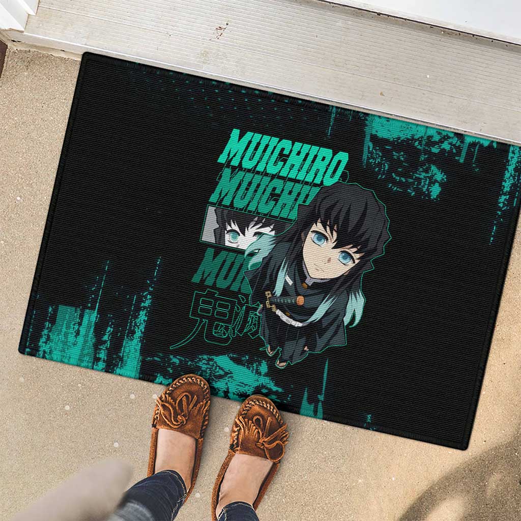 Muichiro Tokito Demon Slayer Green and Black Grunge Style Rubber Doormat with Mist Hashira Eyes and Bold Typography - The Mazicc