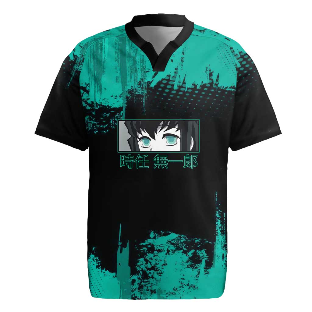 Muichiro Tokito Demon Slayer Green and Black Grunge Style Rugby Jersey with Mist Hashira Eyes and Bold Typography - The Mazicc