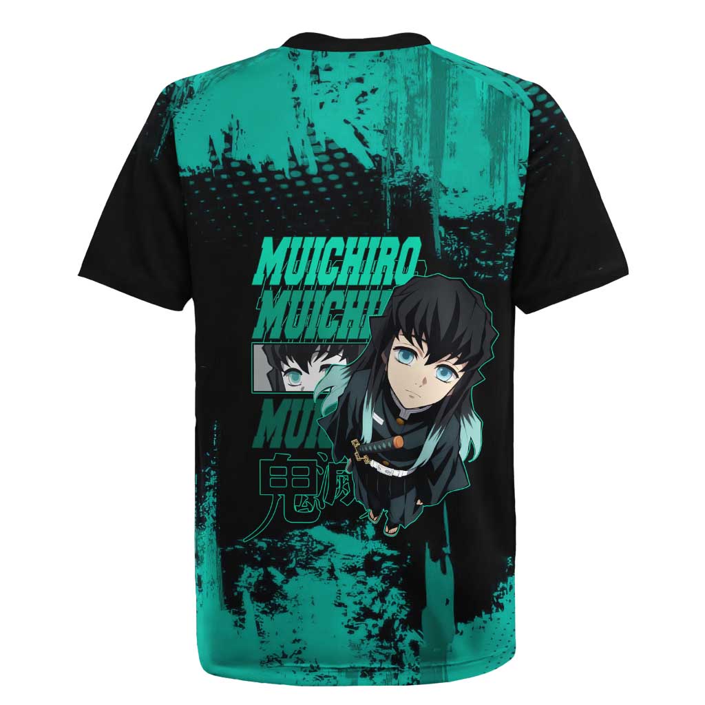Muichiro Tokito Demon Slayer Green and Black Grunge Style Rugby Jersey with Mist Hashira Eyes and Bold Typography - The Mazicc
