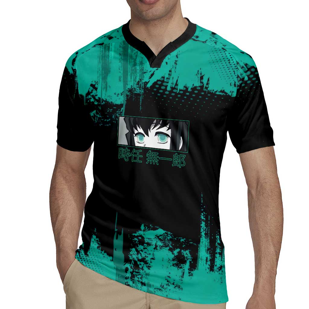 Muichiro Tokito Demon Slayer Green and Black Grunge Style Rugby Jersey with Mist Hashira Eyes and Bold Typography - The Mazicc