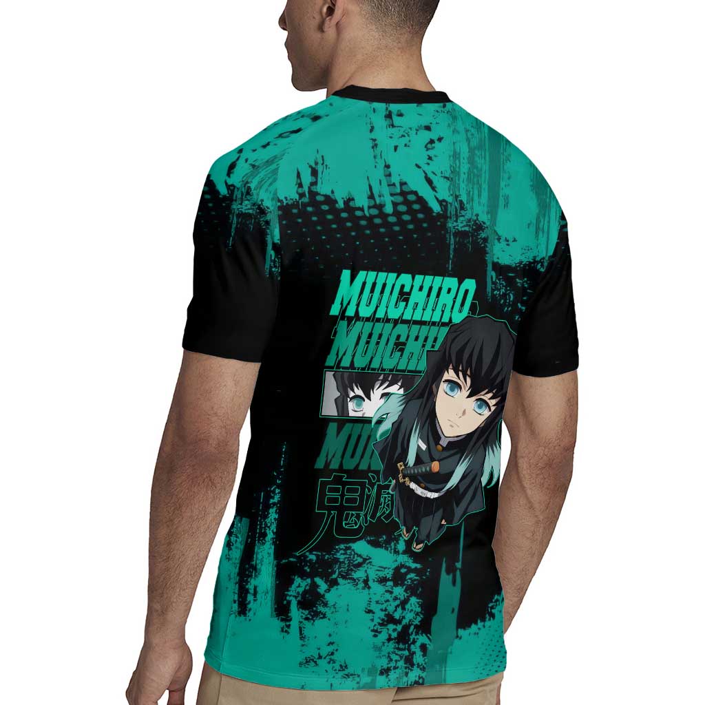 Muichiro Tokito Demon Slayer Green and Black Grunge Style Rugby Jersey with Mist Hashira Eyes and Bold Typography - The Mazicc