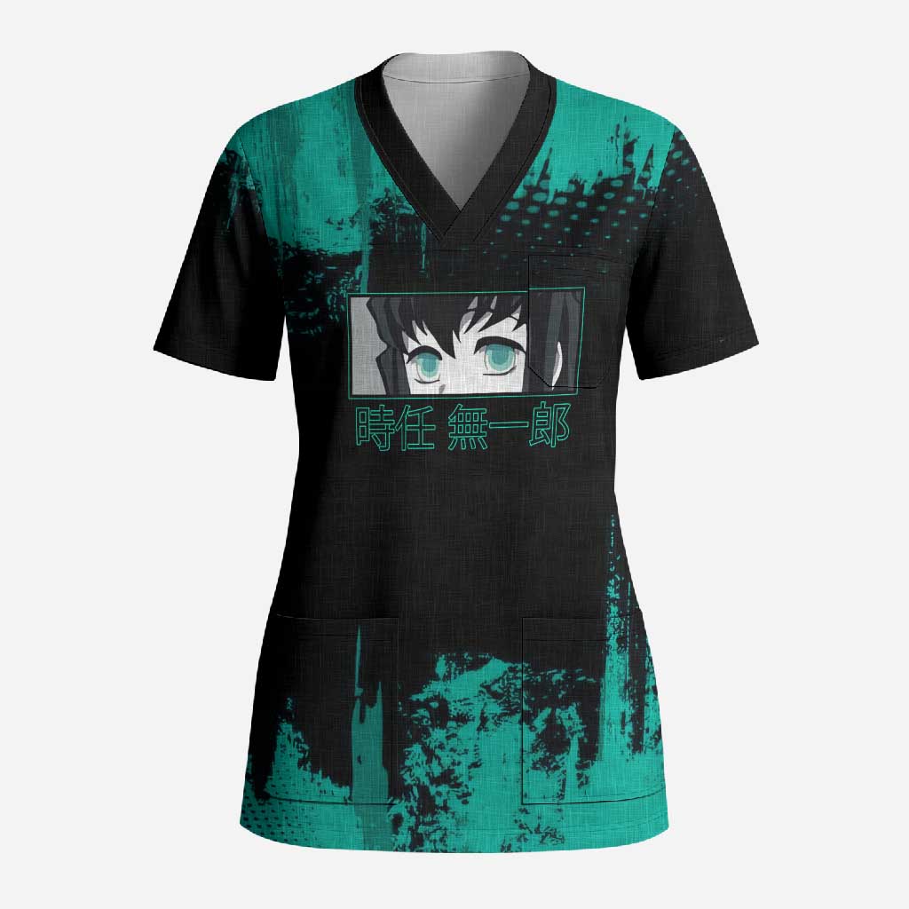 Muichiro Tokito Demon Slayer Green and Black Grunge Style Scrub Top with Mist Hashira Eyes and Bold Typography - The Mazicc