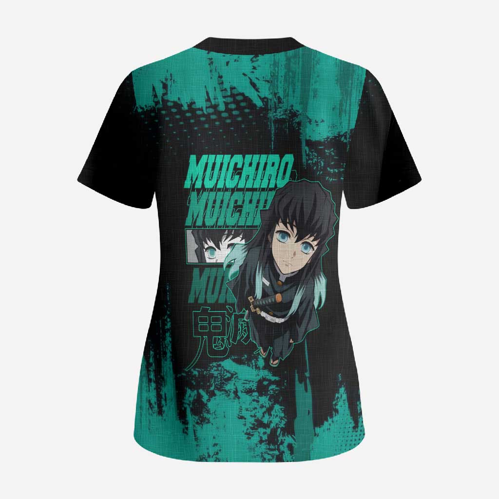 Muichiro Tokito Demon Slayer Green and Black Grunge Style Scrub Top with Mist Hashira Eyes and Bold Typography - The Mazicc
