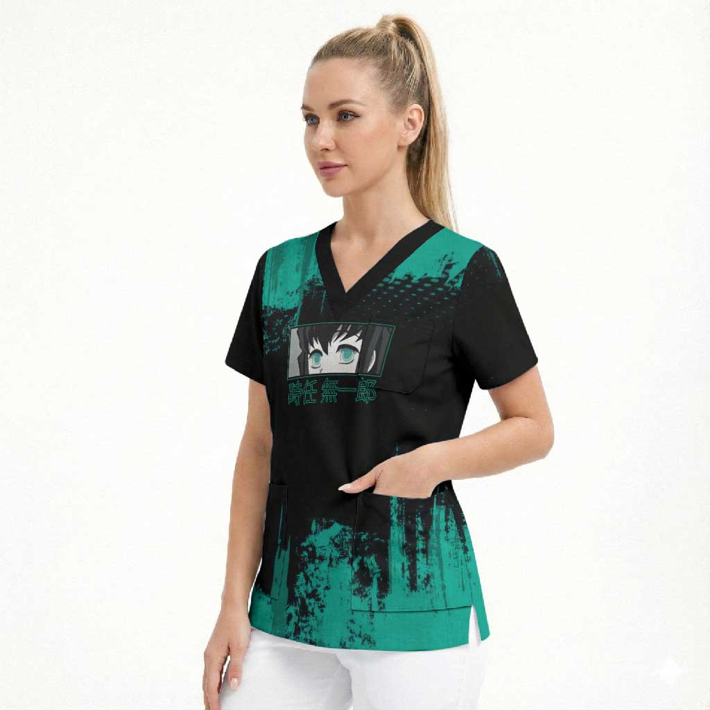 Muichiro Tokito Demon Slayer Green and Black Grunge Style Scrub Top with Mist Hashira Eyes and Bold Typography - The Mazicc
