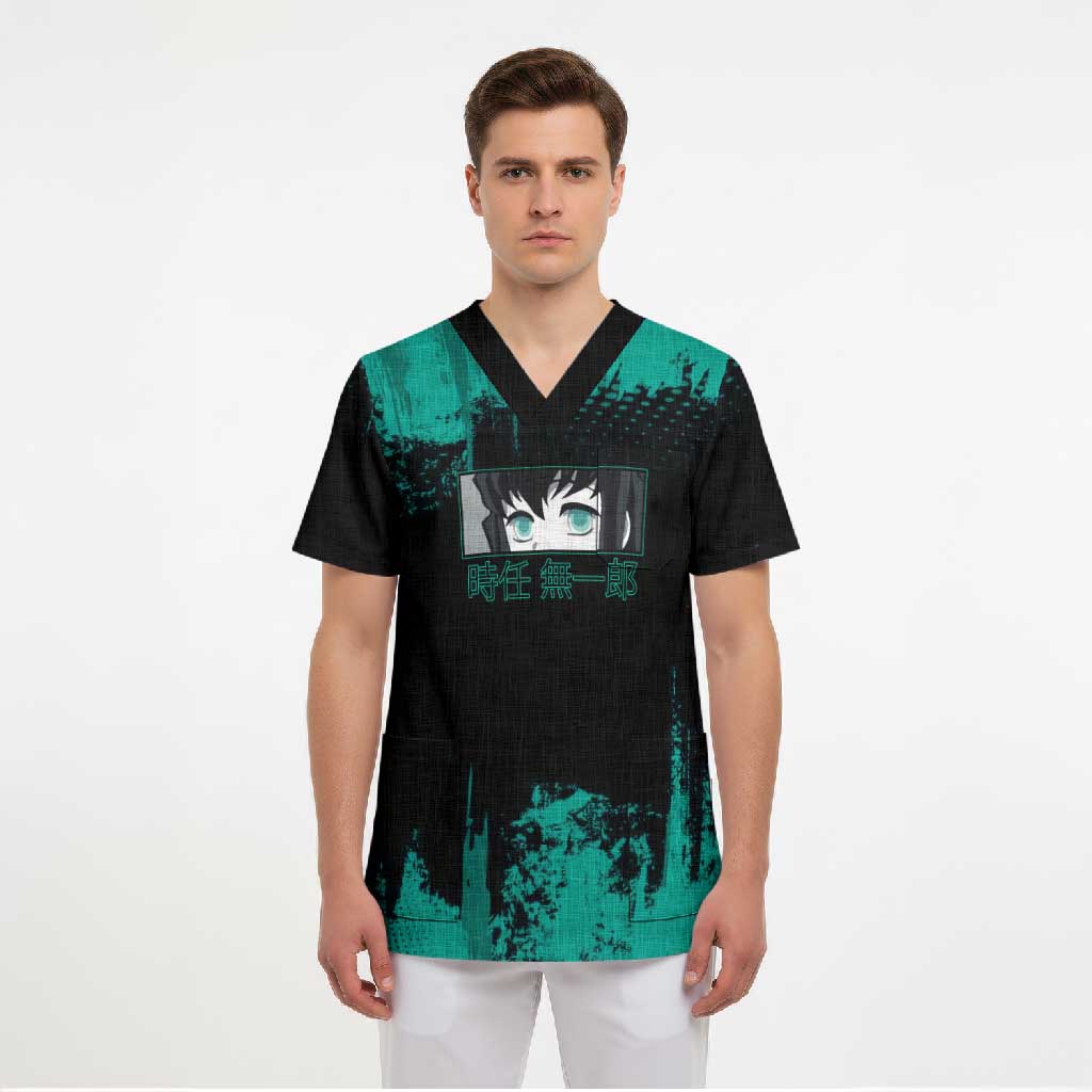 Muichiro Tokito Demon Slayer Green and Black Grunge Style Scrub Top with Mist Hashira Eyes and Bold Typography - The Mazicc