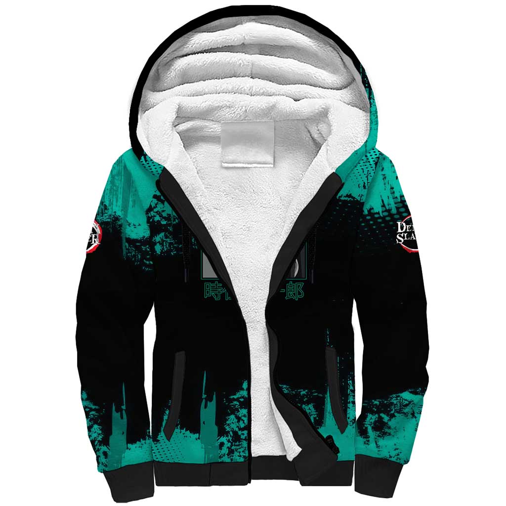 Muichiro Tokito Demon Slayer Green and Black Grunge Style Sherpa Hoodie with Mist Hashira Eyes and Bold Typography - The Mazicc