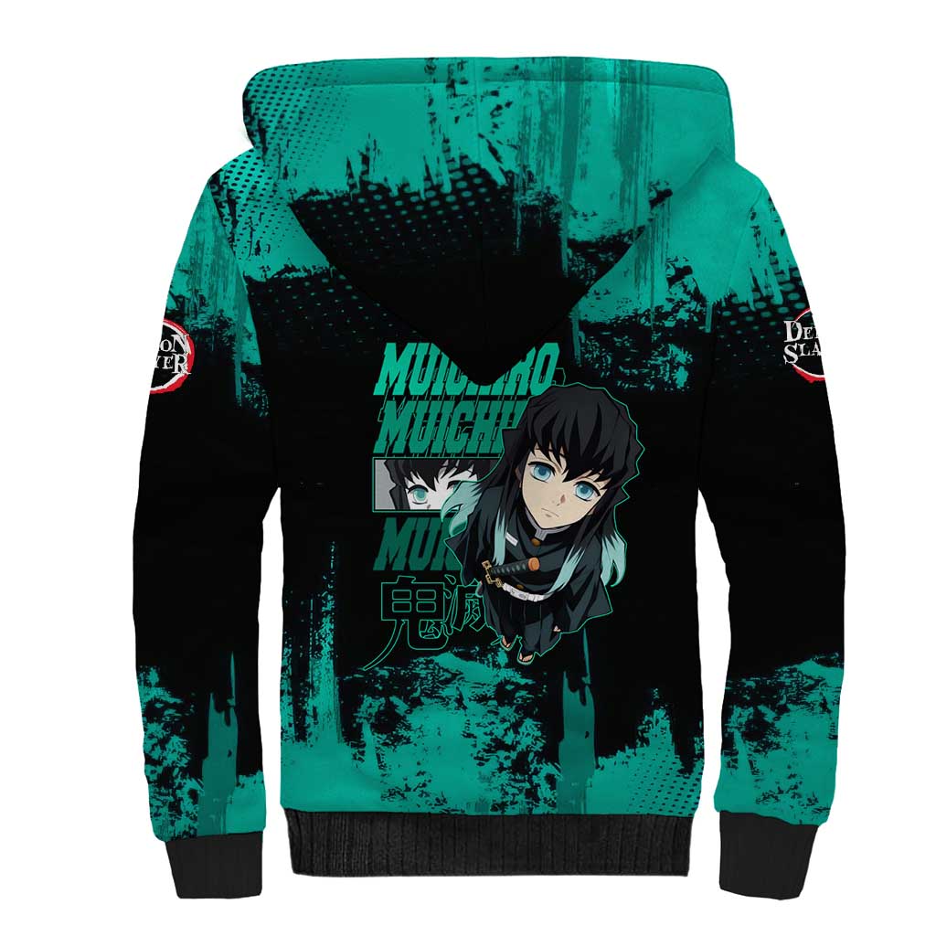Muichiro Tokito Demon Slayer Green and Black Grunge Style Sherpa Hoodie with Mist Hashira Eyes and Bold Typography - The Mazicc