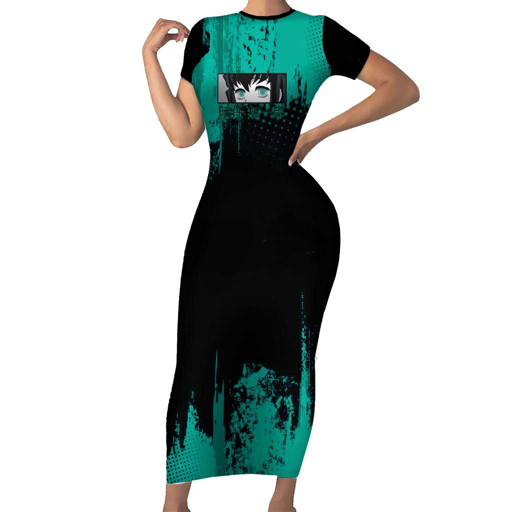 Muichiro Tokito Demon Slayer Green and Black Grunge Style Short Sleeve Bodycon Dress with Mist Hashira Eyes and Bold Typography - The Mazicc