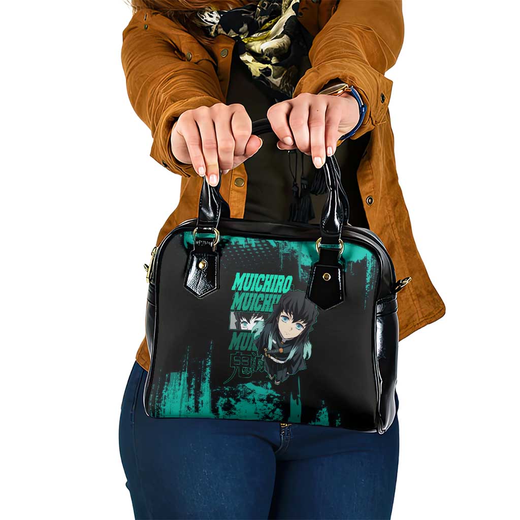 Muichiro Tokito Demon Slayer Green and Black Grunge Style Shoulder Handbag with Mist Hashira Eyes and Bold Typography - The Mazicc
