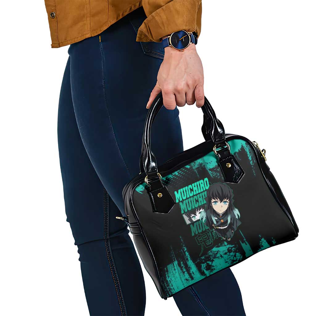 Muichiro Tokito Demon Slayer Green and Black Grunge Style Shoulder Handbag with Mist Hashira Eyes and Bold Typography - The Mazicc