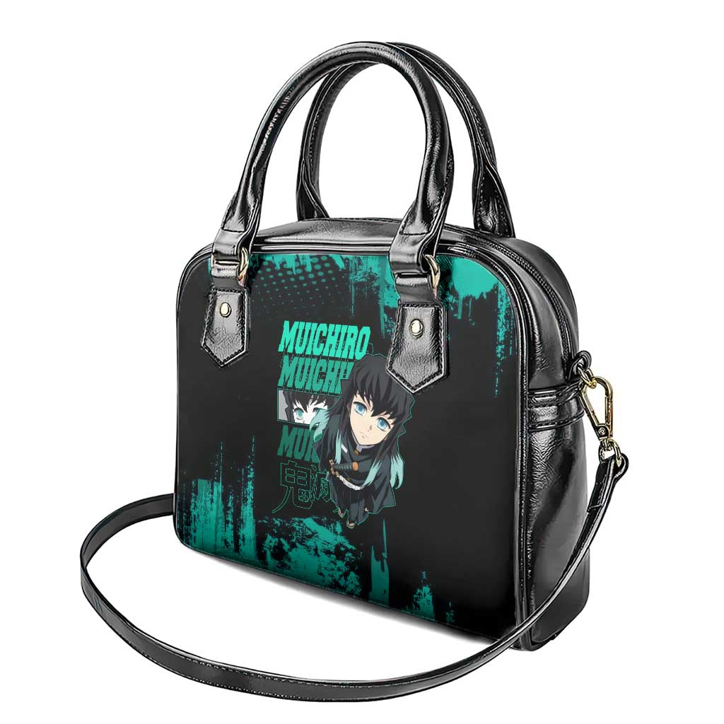 Muichiro Tokito Demon Slayer Green and Black Grunge Style Shoulder Handbag with Mist Hashira Eyes and Bold Typography - The Mazicc
