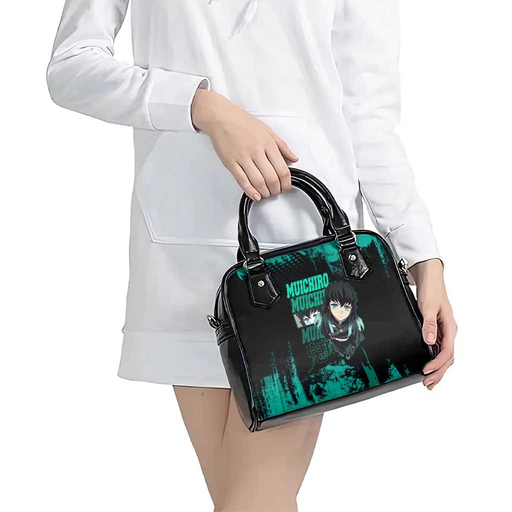 Muichiro Tokito Demon Slayer Green and Black Grunge Style Shoulder Handbag with Mist Hashira Eyes and Bold Typography - The Mazicc