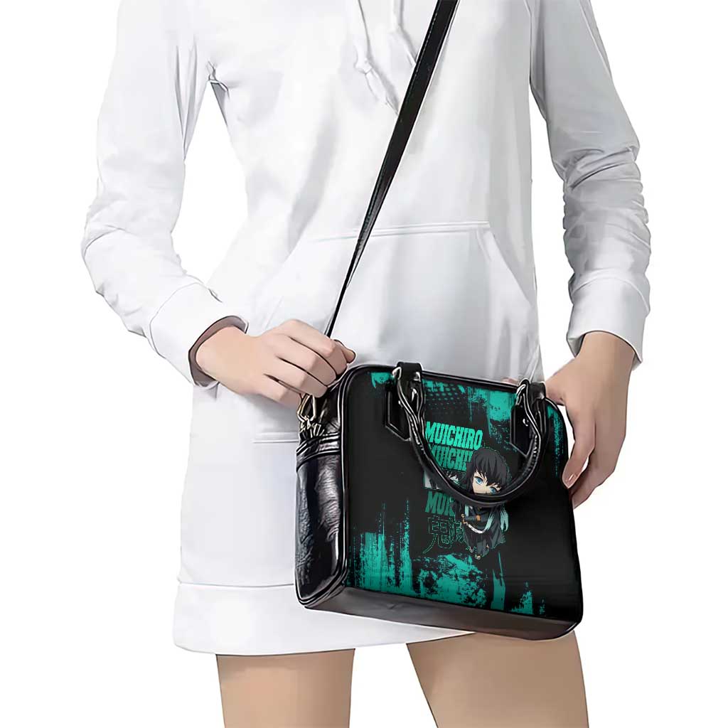 Muichiro Tokito Demon Slayer Green and Black Grunge Style Shoulder Handbag with Mist Hashira Eyes and Bold Typography - The Mazicc