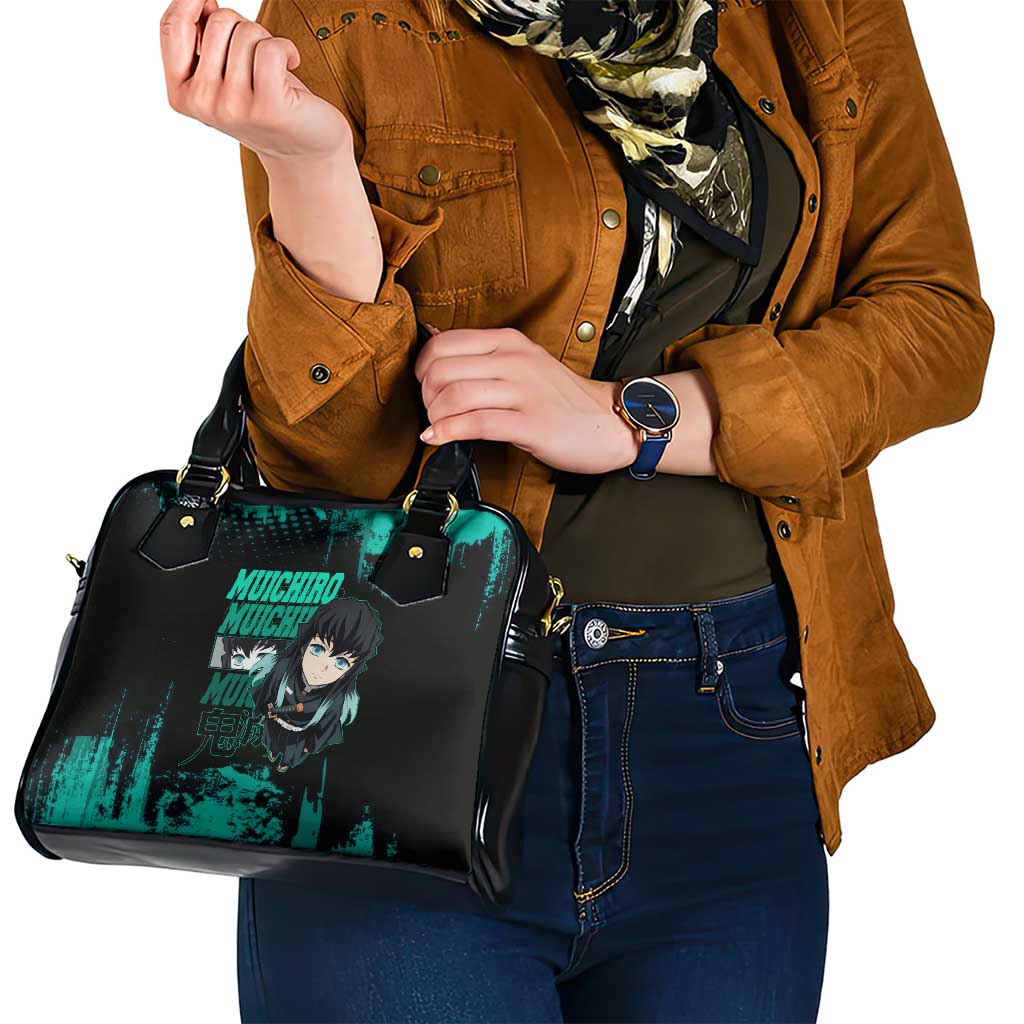 Muichiro Tokito Demon Slayer Green and Black Grunge Style Shoulder Handbag with Mist Hashira Eyes and Bold Typography - The Mazicc