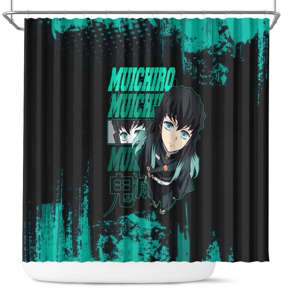 Muichiro Tokito Demon Slayer Green and Black Grunge Style Shower Curtain with Mist Hashira Eyes and Bold Typography - The Mazicc