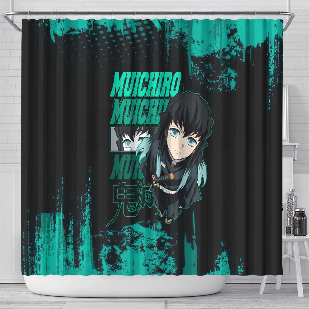 Muichiro Tokito Demon Slayer Green and Black Grunge Style Shower Curtain with Mist Hashira Eyes and Bold Typography - The Mazicc