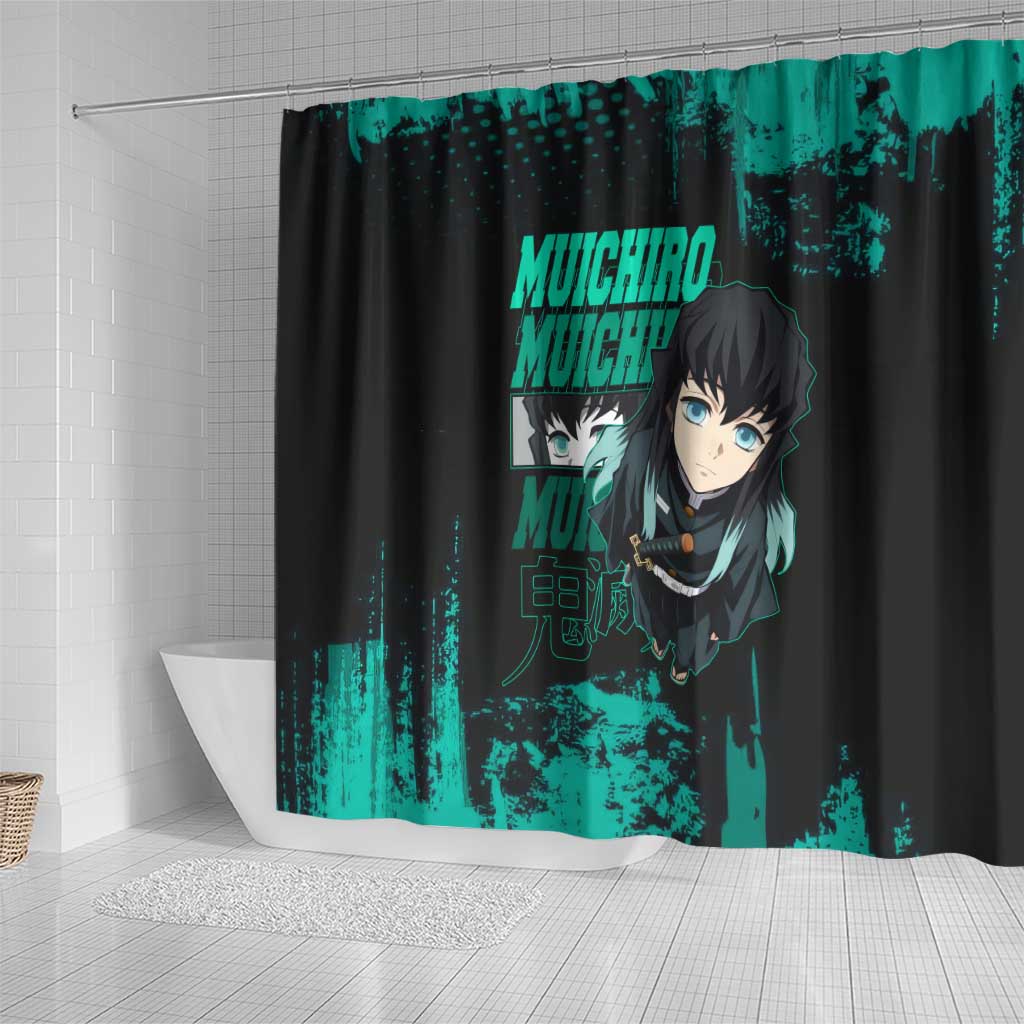 Muichiro Tokito Demon Slayer Green and Black Grunge Style Shower Curtain with Mist Hashira Eyes and Bold Typography - The Mazicc