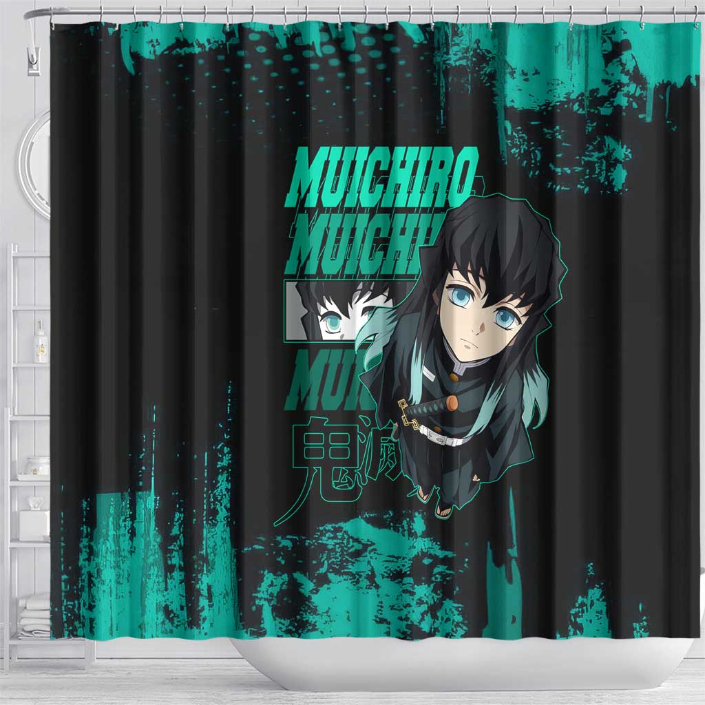 Muichiro Tokito Demon Slayer Green and Black Grunge Style Shower Curtain with Mist Hashira Eyes and Bold Typography - The Mazicc