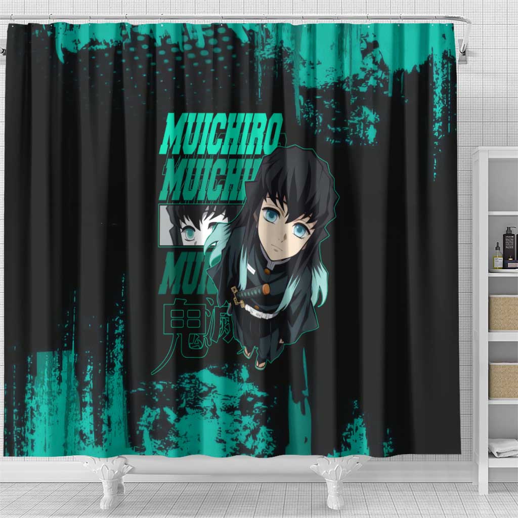 Muichiro Tokito Demon Slayer Green and Black Grunge Style Shower Curtain with Mist Hashira Eyes and Bold Typography - The Mazicc