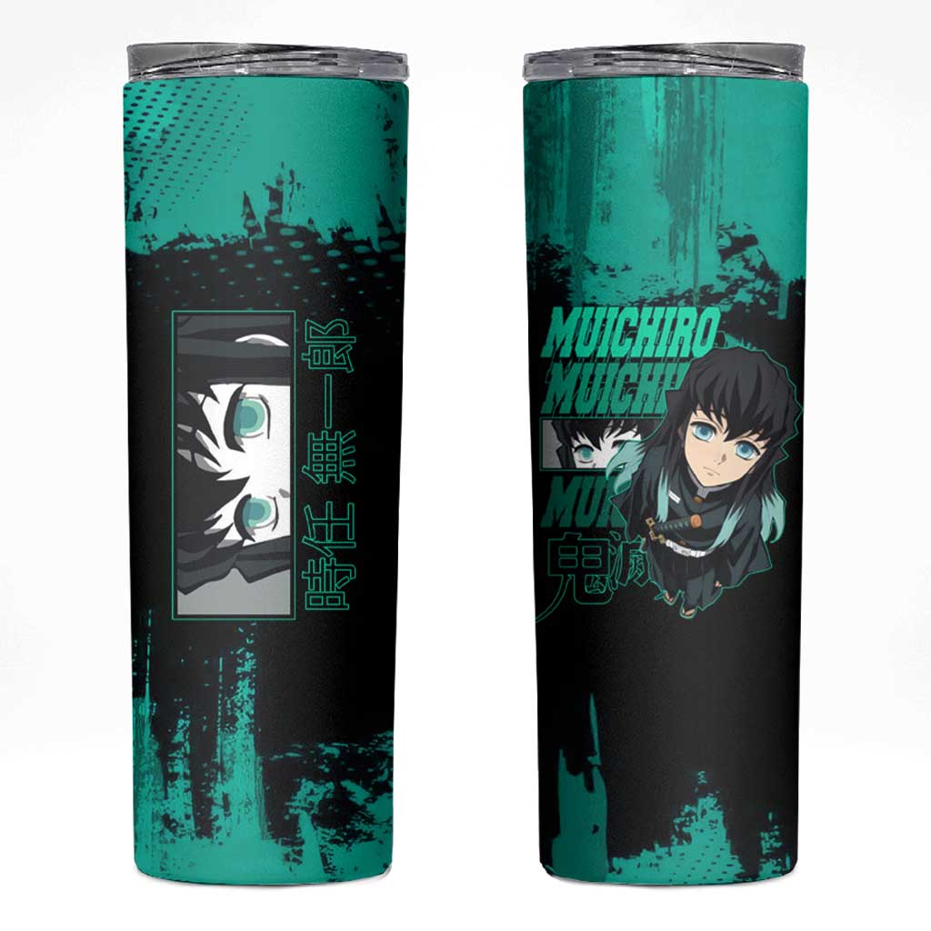 Muichiro Tokito Demon Slayer Green and Black Grunge Style Skinny Tumbler with Mist Hashira Eyes and Bold Typography - The Mazicc