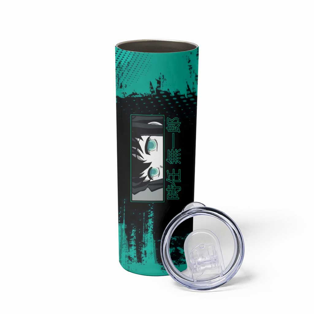 Muichiro Tokito Demon Slayer Green and Black Grunge Style Skinny Tumbler with Mist Hashira Eyes and Bold Typography - The Mazicc