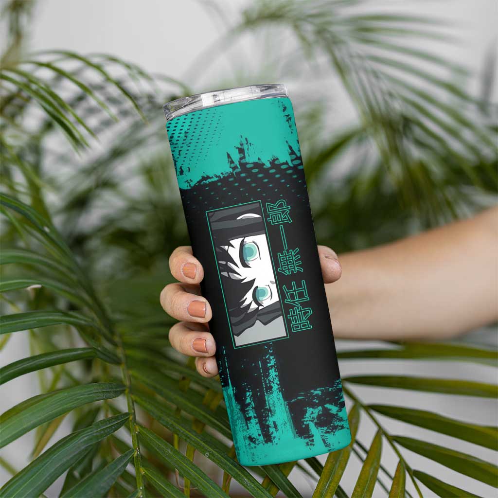 Muichiro Tokito Demon Slayer Green and Black Grunge Style Skinny Tumbler with Mist Hashira Eyes and Bold Typography - The Mazicc