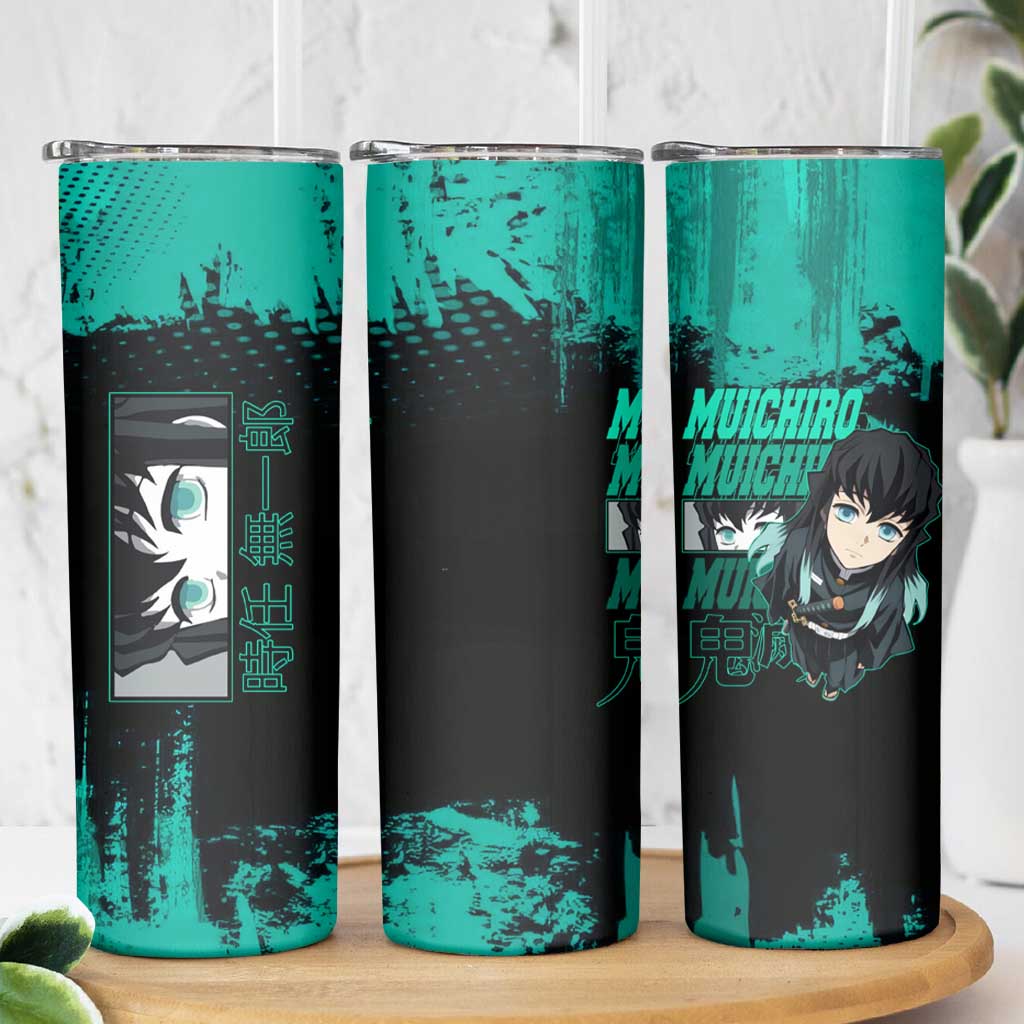 Muichiro Tokito Demon Slayer Green and Black Grunge Style Skinny Tumbler with Mist Hashira Eyes and Bold Typography - The Mazicc