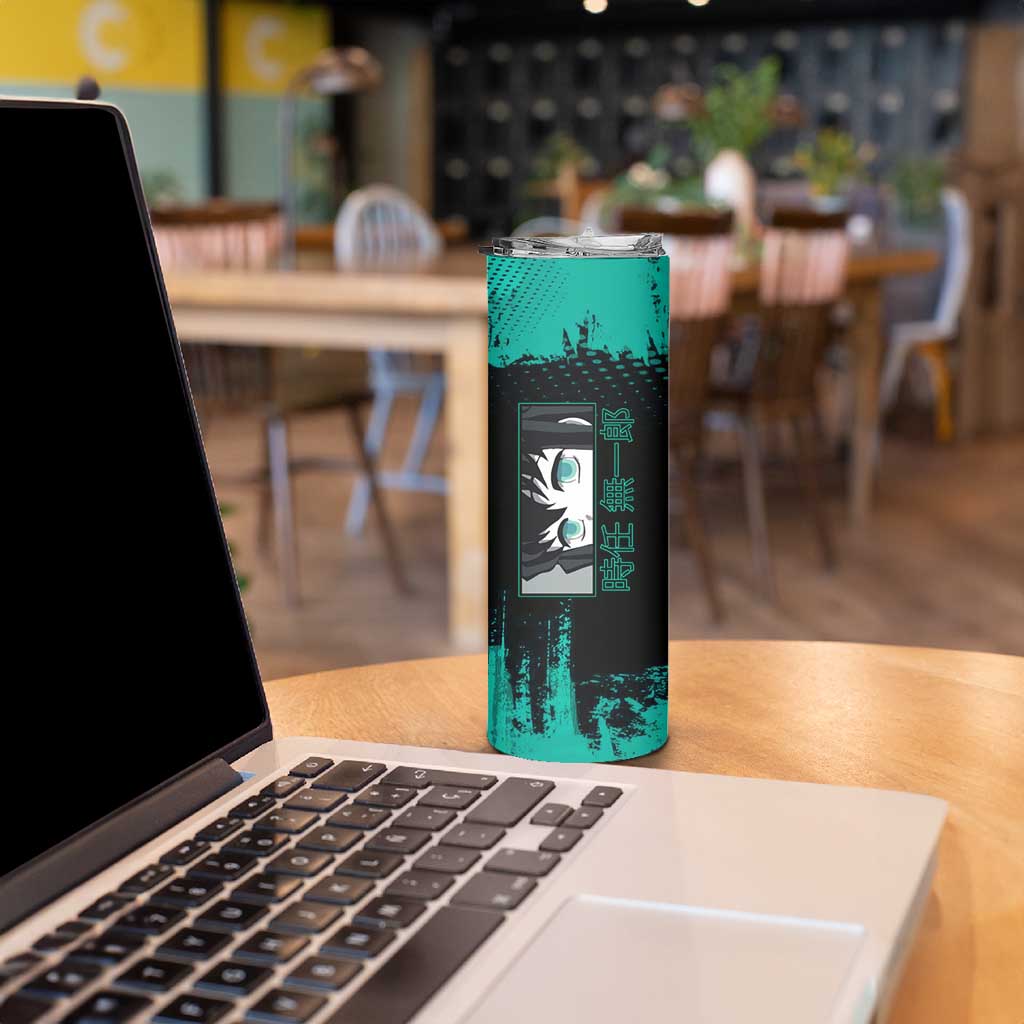 Muichiro Tokito Demon Slayer Green and Black Grunge Style Skinny Tumbler with Mist Hashira Eyes and Bold Typography - The Mazicc