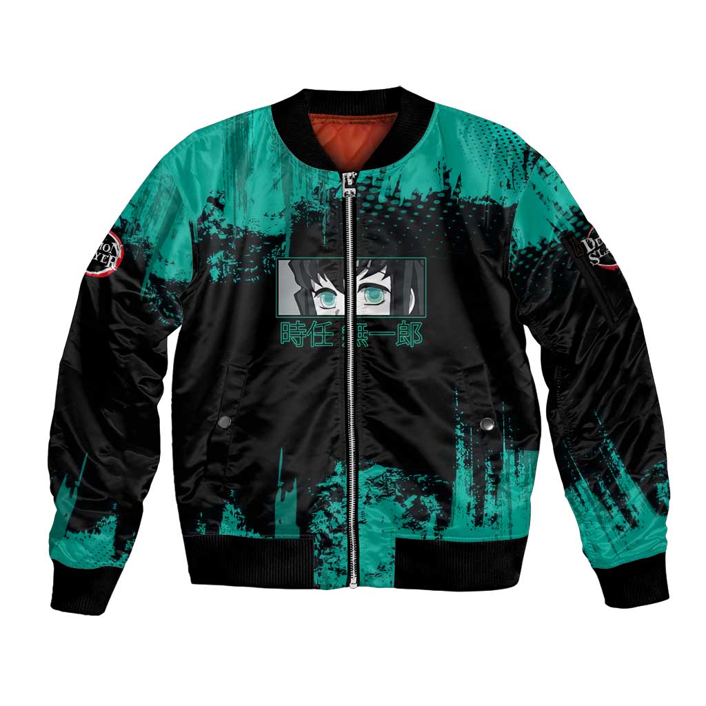 Muichiro Tokito Demon Slayer Green and Black Grunge Style Sleeve Zip Bomber Jacket with Mist Hashira Eyes and Bold Typography - The Mazicc