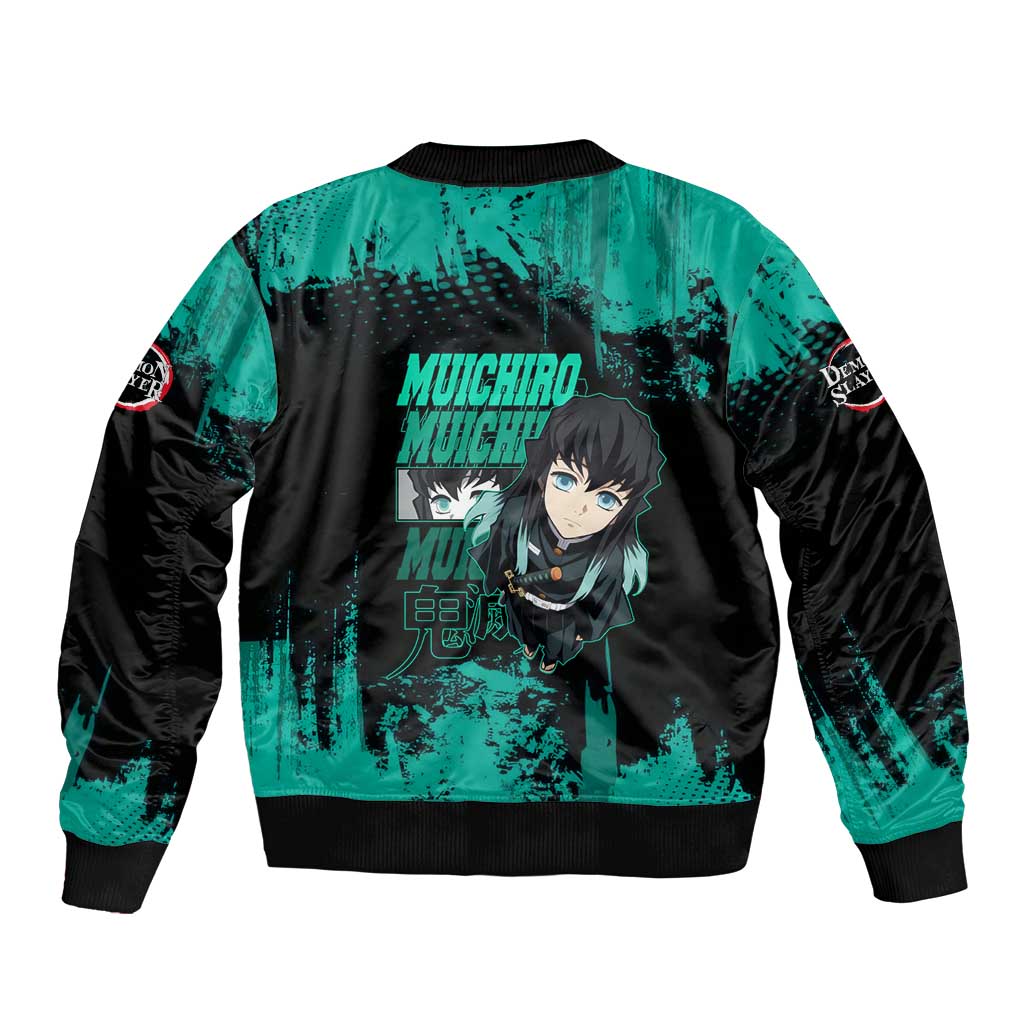 Muichiro Tokito Demon Slayer Green and Black Grunge Style Sleeve Zip Bomber Jacket with Mist Hashira Eyes and Bold Typography - The Mazicc