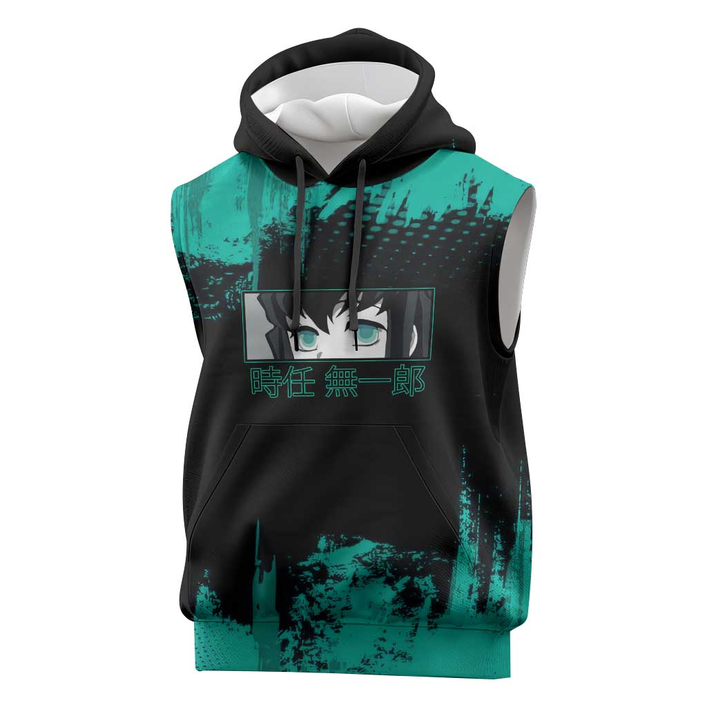 Muichiro Tokito Demon Slayer Green and Black Grunge Style Sleeveless Hoodie with Mist Hashira Eyes and Bold Typography - The Mazicc