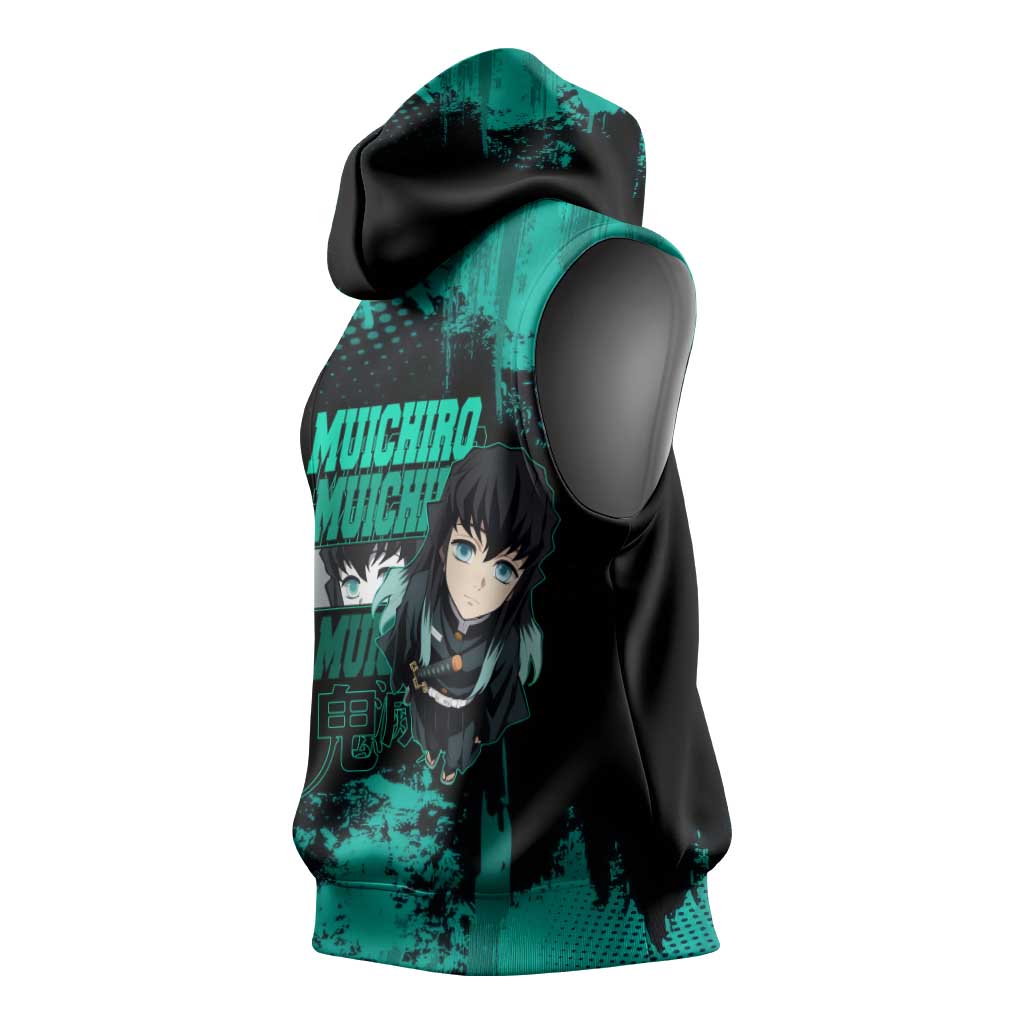Muichiro Tokito Demon Slayer Green and Black Grunge Style Sleeveless Hoodie with Mist Hashira Eyes and Bold Typography - The Mazicc