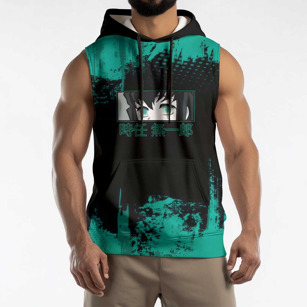 Muichiro Tokito Demon Slayer Green and Black Grunge Style Sleeveless Hoodie with Mist Hashira Eyes and Bold Typography - The Mazicc