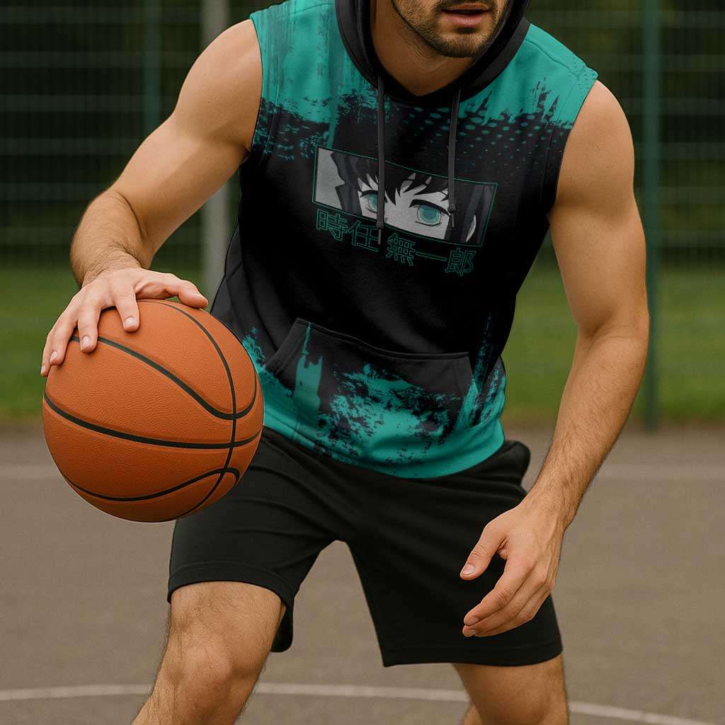 Muichiro Tokito Demon Slayer Green and Black Grunge Style Sleeveless Hoodie with Mist Hashira Eyes and Bold Typography - The Mazicc