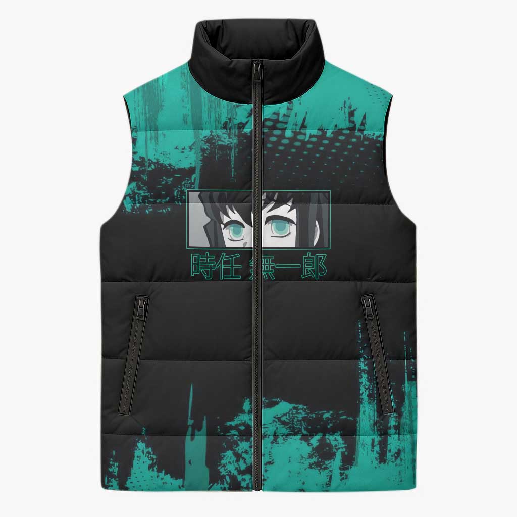 Muichiro Tokito Demon Slayer Green and Black Grunge Style Sleeveless Puffer Jacket with Mist Hashira Eyes and Bold Typography - The Mazicc