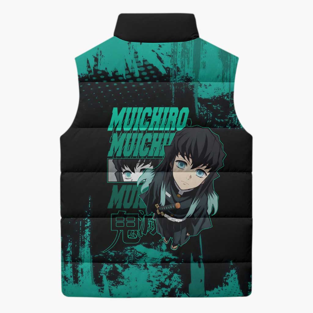 Muichiro Tokito Demon Slayer Green and Black Grunge Style Sleeveless Puffer Jacket with Mist Hashira Eyes and Bold Typography - The Mazicc