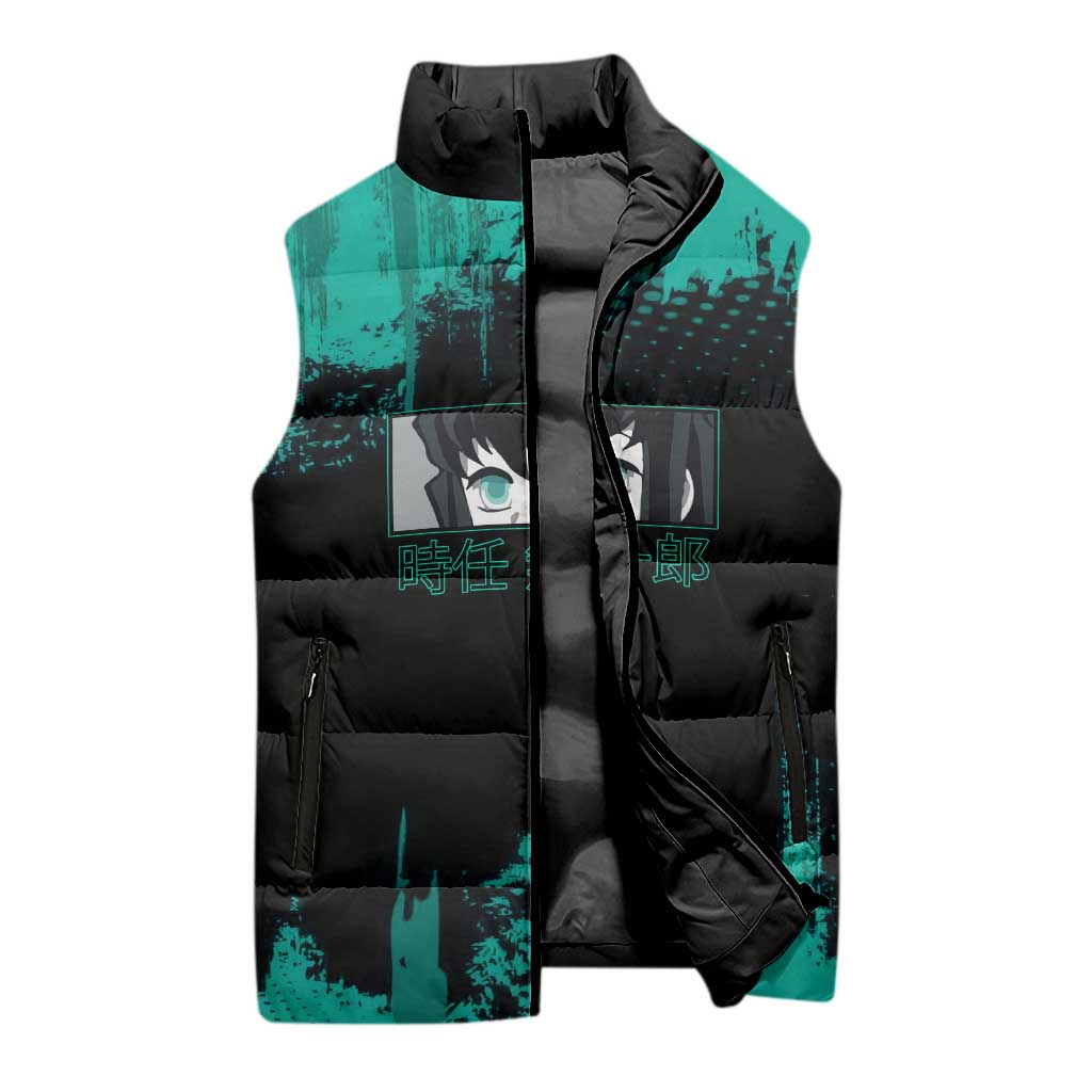 Muichiro Tokito Demon Slayer Green and Black Grunge Style Sleeveless Puffer Jacket with Mist Hashira Eyes and Bold Typography - The Mazicc