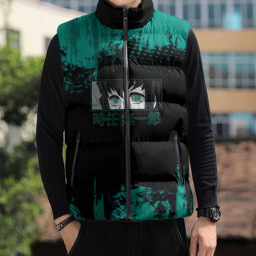Muichiro Tokito Demon Slayer Green and Black Grunge Style Sleeveless Puffer Jacket with Mist Hashira Eyes and Bold Typography - The Mazicc
