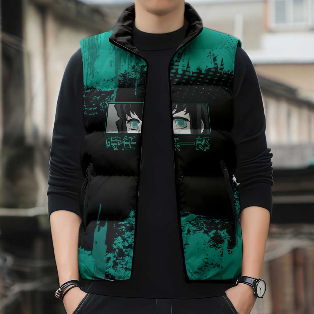 Muichiro Tokito Demon Slayer Green and Black Grunge Style Sleeveless Puffer Jacket with Mist Hashira Eyes and Bold Typography - The Mazicc