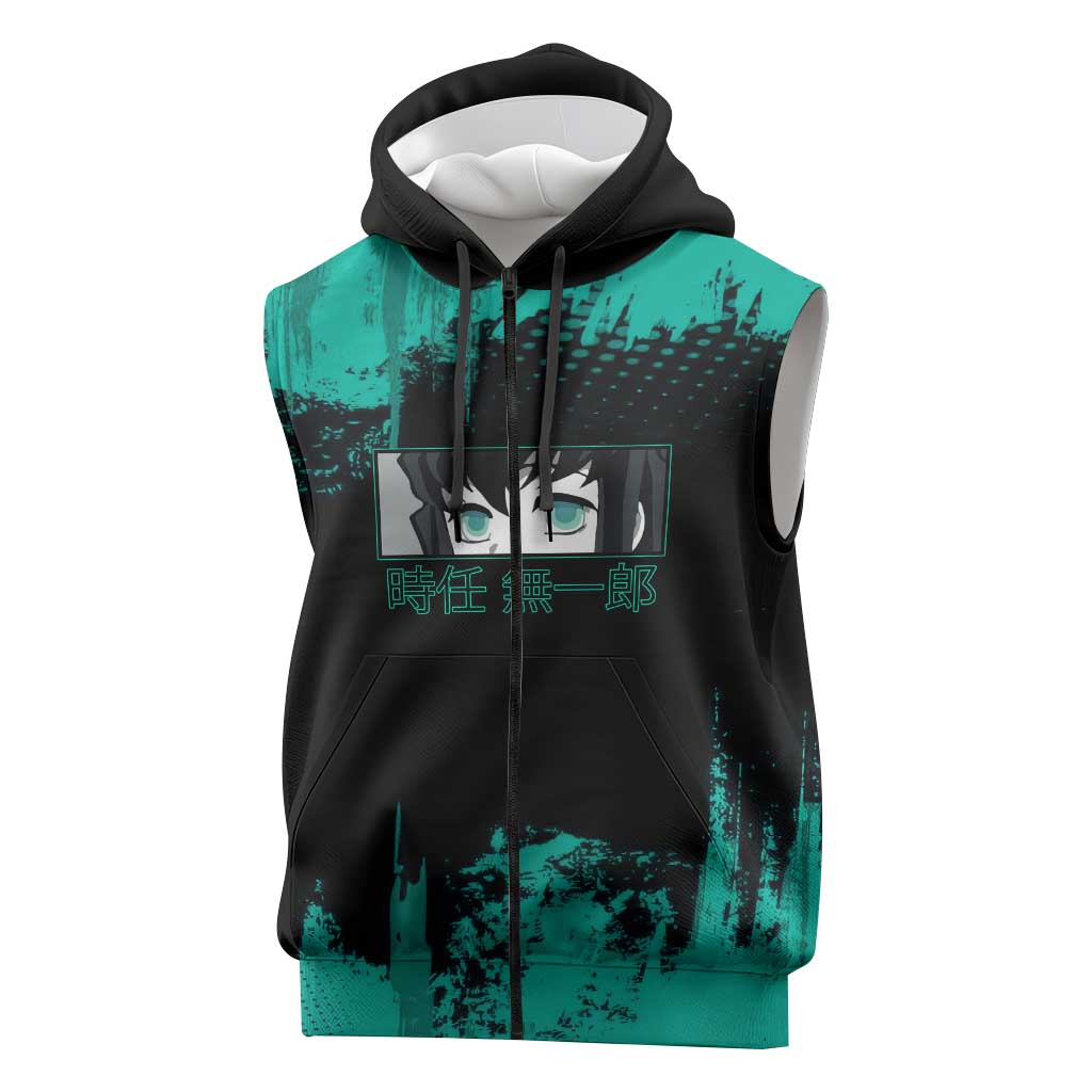 Muichiro Tokito Demon Slayer Green and Black Grunge Style Sleeveless Zip Hoodie with Mist Hashira Eyes and Bold Typography - The Mazicc