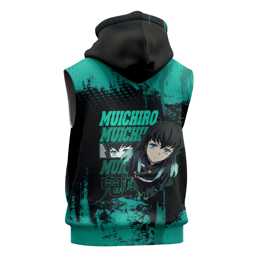 Muichiro Tokito Demon Slayer Green and Black Grunge Style Sleeveless Zip Hoodie with Mist Hashira Eyes and Bold Typography - The Mazicc