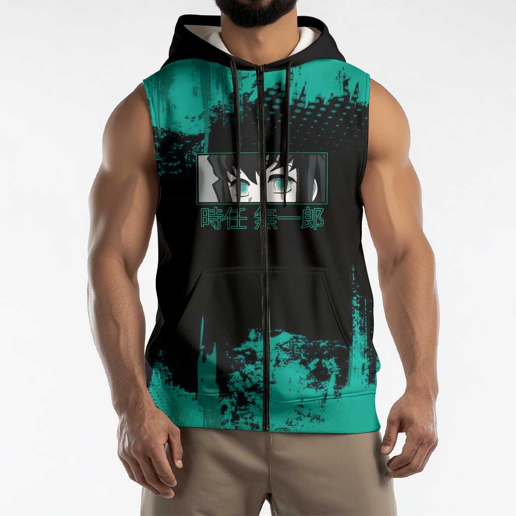 Muichiro Tokito Demon Slayer Green and Black Grunge Style Sleeveless Zip Hoodie with Mist Hashira Eyes and Bold Typography - The Mazicc