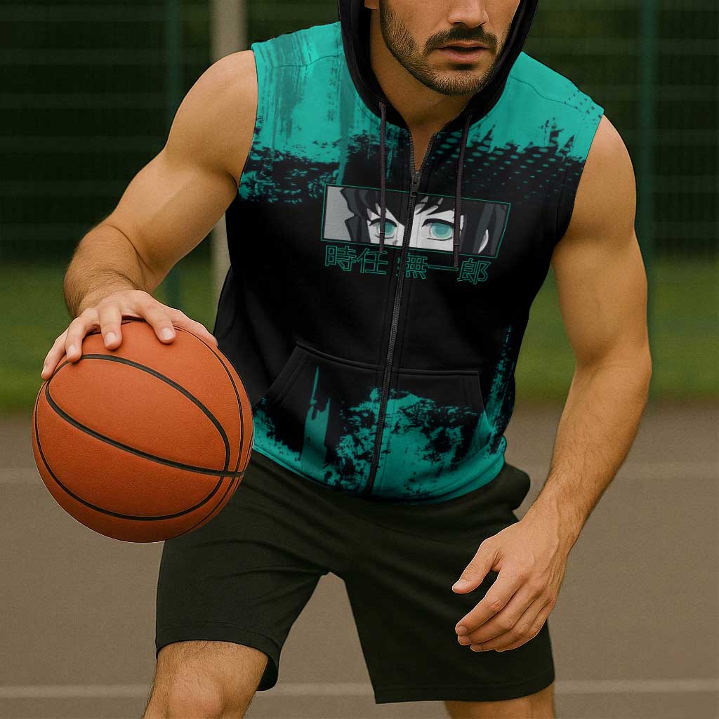 Muichiro Tokito Demon Slayer Green and Black Grunge Style Sleeveless Zip Hoodie with Mist Hashira Eyes and Bold Typography - The Mazicc