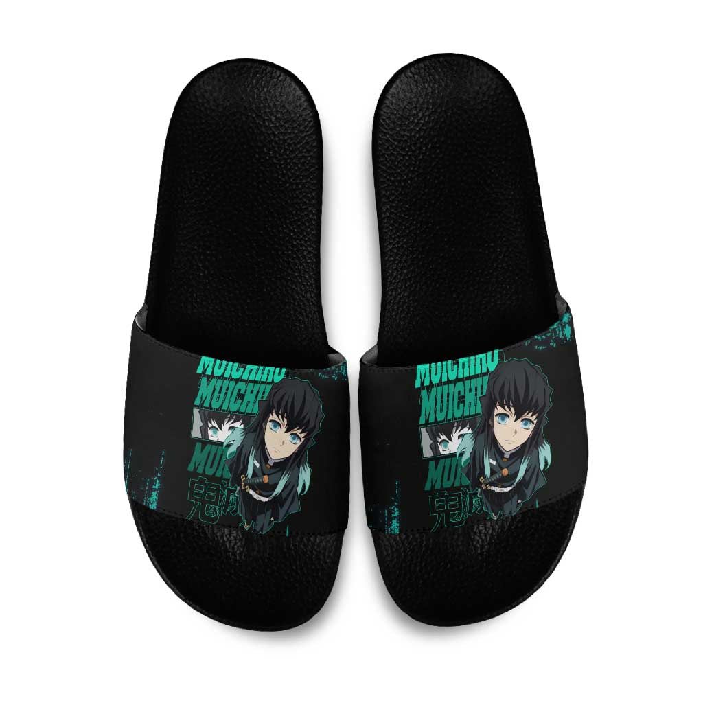 Muichiro Tokito Demon Slayer Green and Black Grunge Style Slide Sandals with Mist Hashira Eyes and Bold Typography - The Mazicc