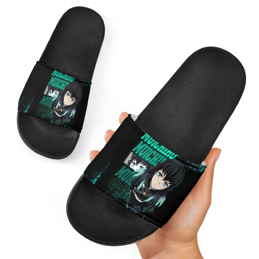 Muichiro Tokito Demon Slayer Green and Black Grunge Style Slide Sandals with Mist Hashira Eyes and Bold Typography - The Mazicc