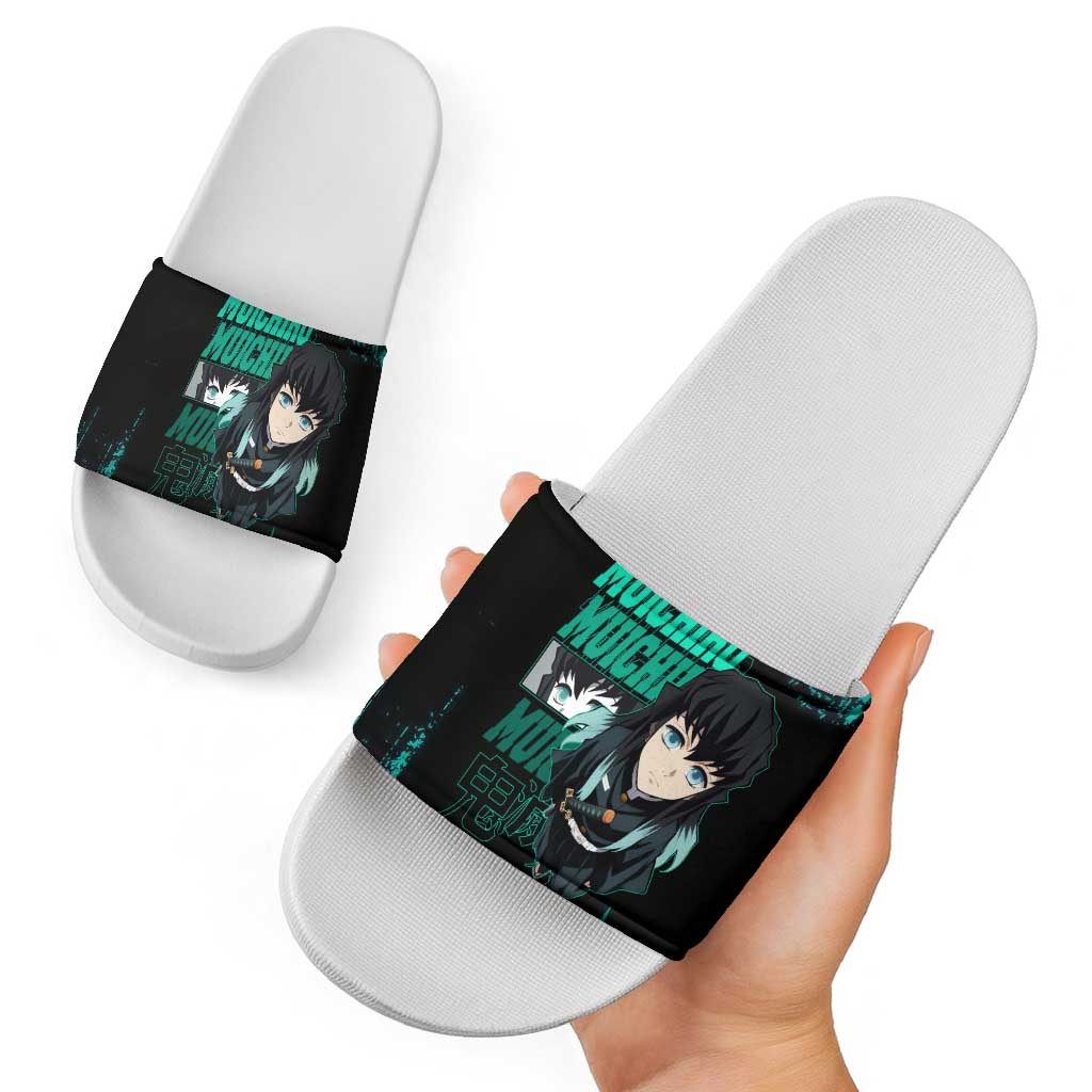 Muichiro Tokito Demon Slayer Green and Black Grunge Style Slide Sandals with Mist Hashira Eyes and Bold Typography - The Mazicc