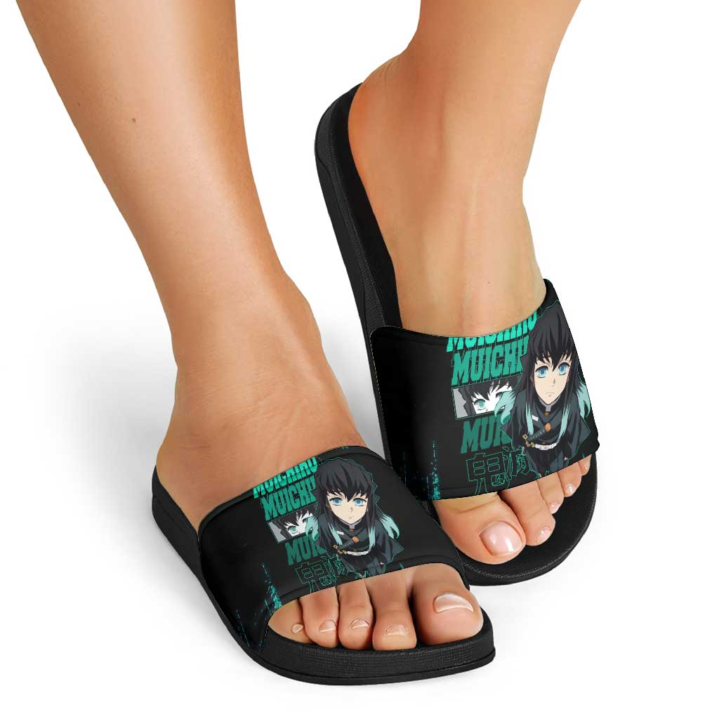 Muichiro Tokito Demon Slayer Green and Black Grunge Style Slide Sandals with Mist Hashira Eyes and Bold Typography - The Mazicc
