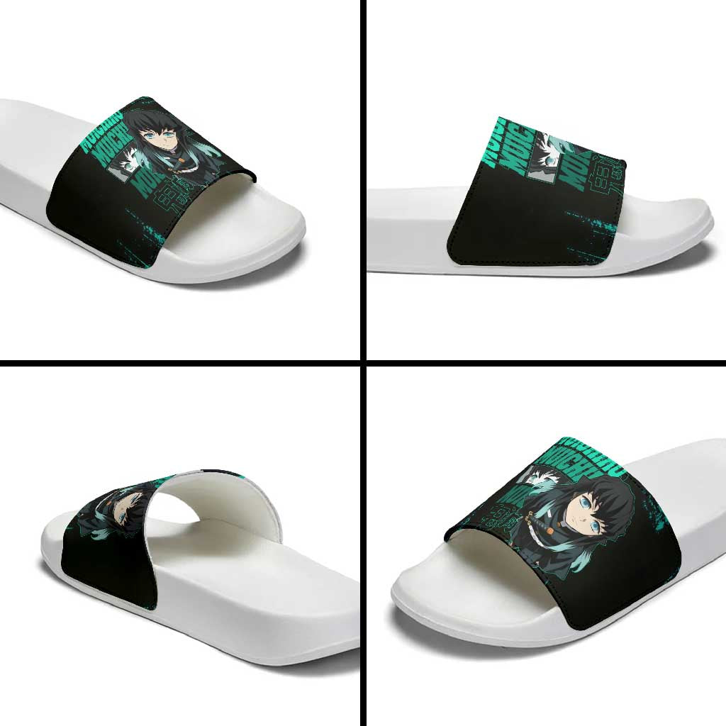 Muichiro Tokito Demon Slayer Green and Black Grunge Style Slide Sandals with Mist Hashira Eyes and Bold Typography - The Mazicc